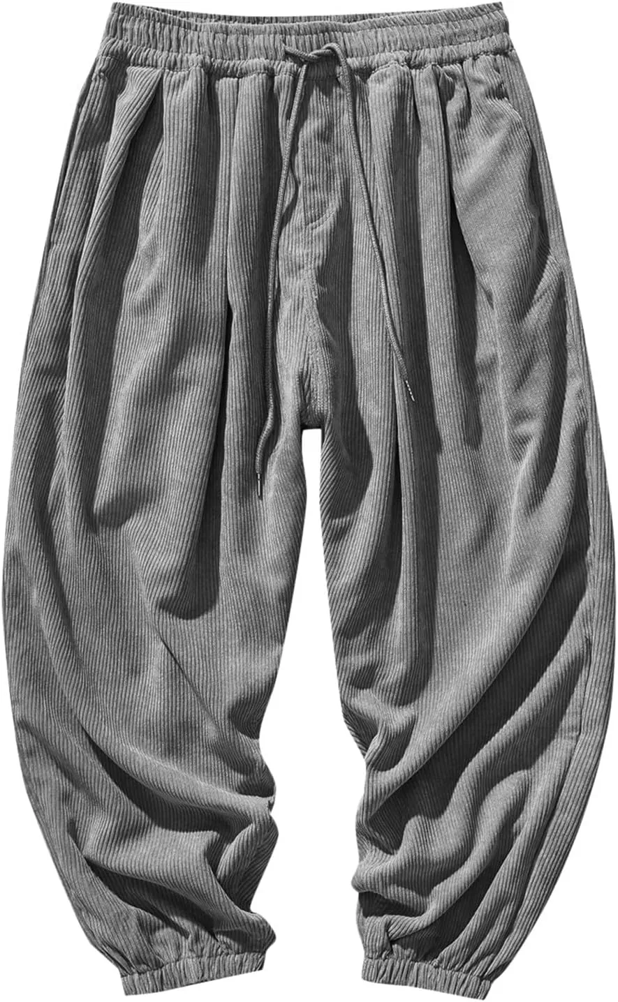 Mens Corduroy Harem Pants Baggy Autumn and Winter Casual Pants Plus Size Loose Fit Retro Tapered Hip Hop Pants with Pockets