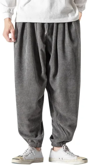Mens Corduroy Harem Pants Baggy Autumn and Winter Casual Pants Plus Size Loose Fit Retro Tapered Hip Hop Pants with Pockets
