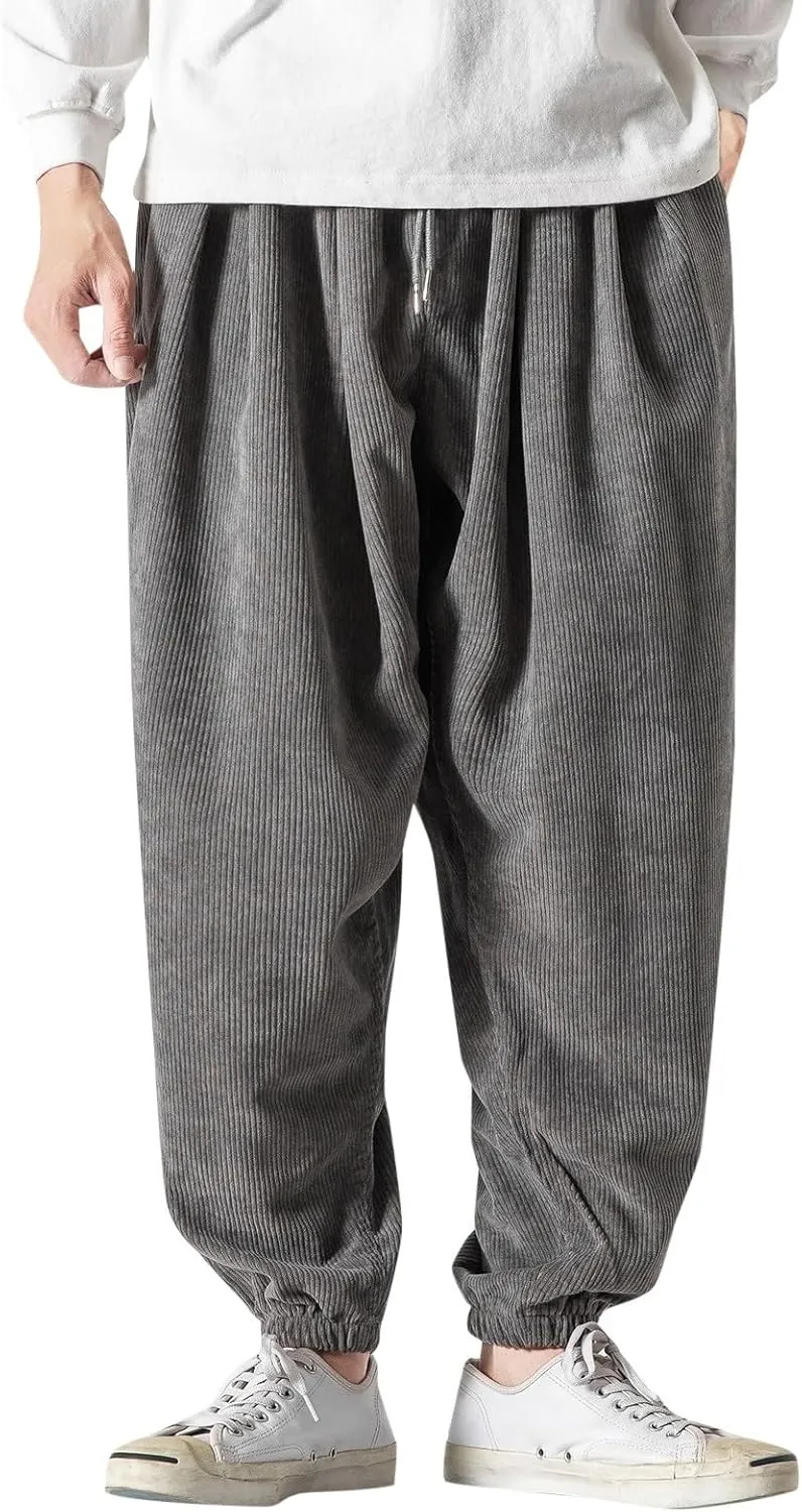 Mens Corduroy Harem Pants Baggy Autumn and Winter Casual Pants Plus Size Loose Fit Retro Tapered Hip Hop Pants with Pockets