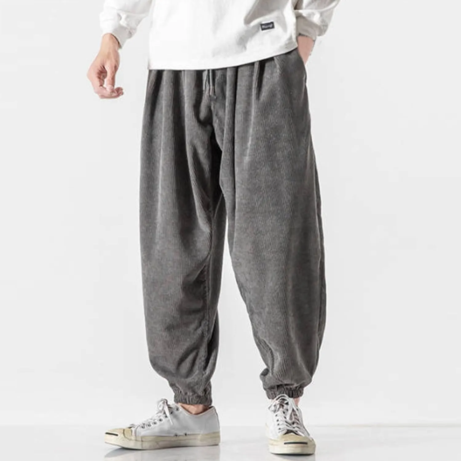 Mens Corduroy Harem Pants Baggy Autumn and Winter Casual Pants Plus Size Loose Fit Retro Tapered Hip Hop Pants with Pockets