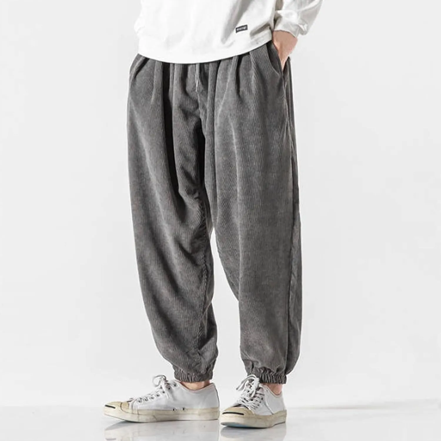 Mens Corduroy Harem Pants Baggy Autumn and Winter Casual Pants Plus Size Loose Fit Retro Tapered Hip Hop Pants with Pockets
