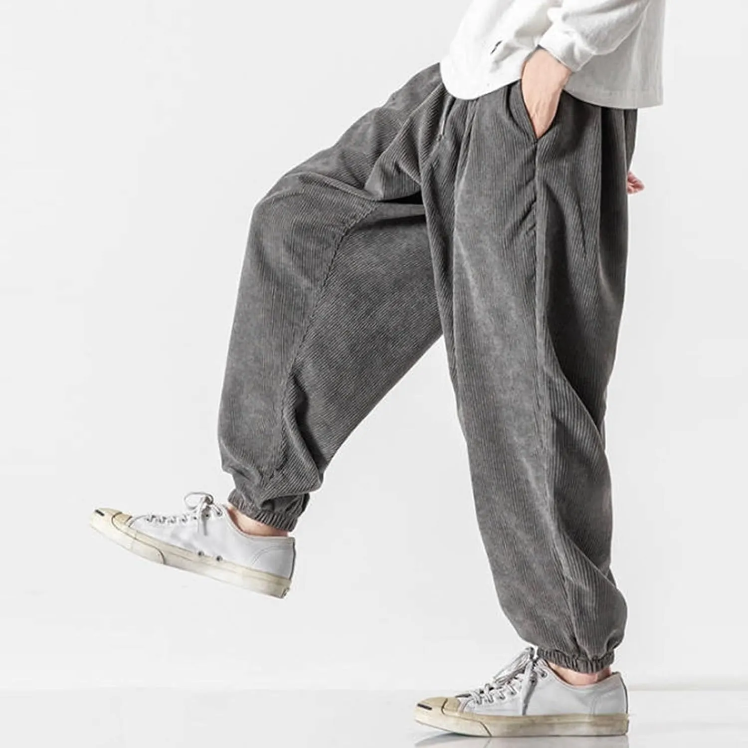 Mens Corduroy Harem Pants Baggy Autumn and Winter Casual Pants Plus Size Loose Fit Retro Tapered Hip Hop Pants with Pockets
