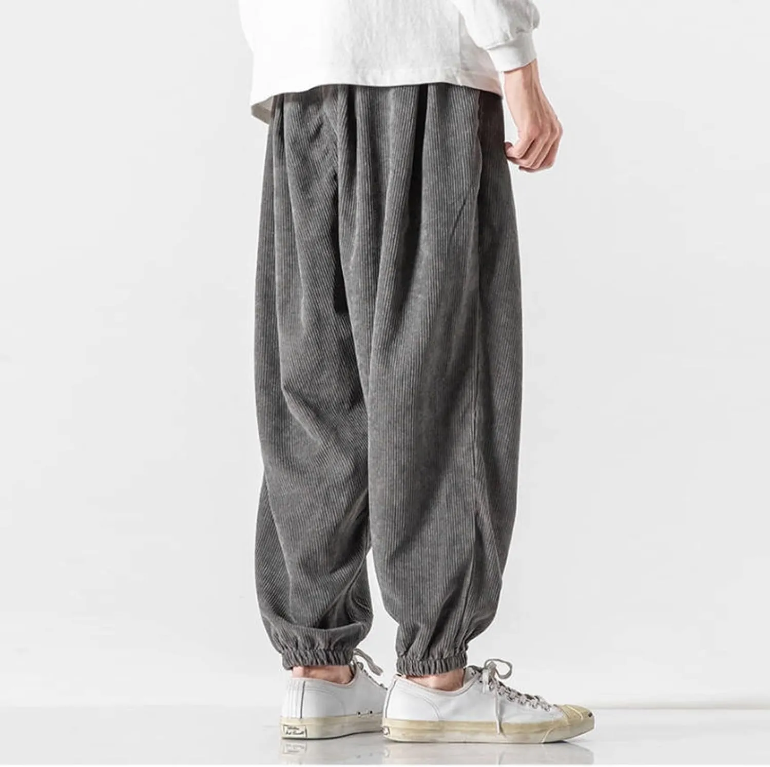 Mens Corduroy Harem Pants Baggy Autumn and Winter Casual Pants Plus Size Loose Fit Retro Tapered Hip Hop Pants with Pockets