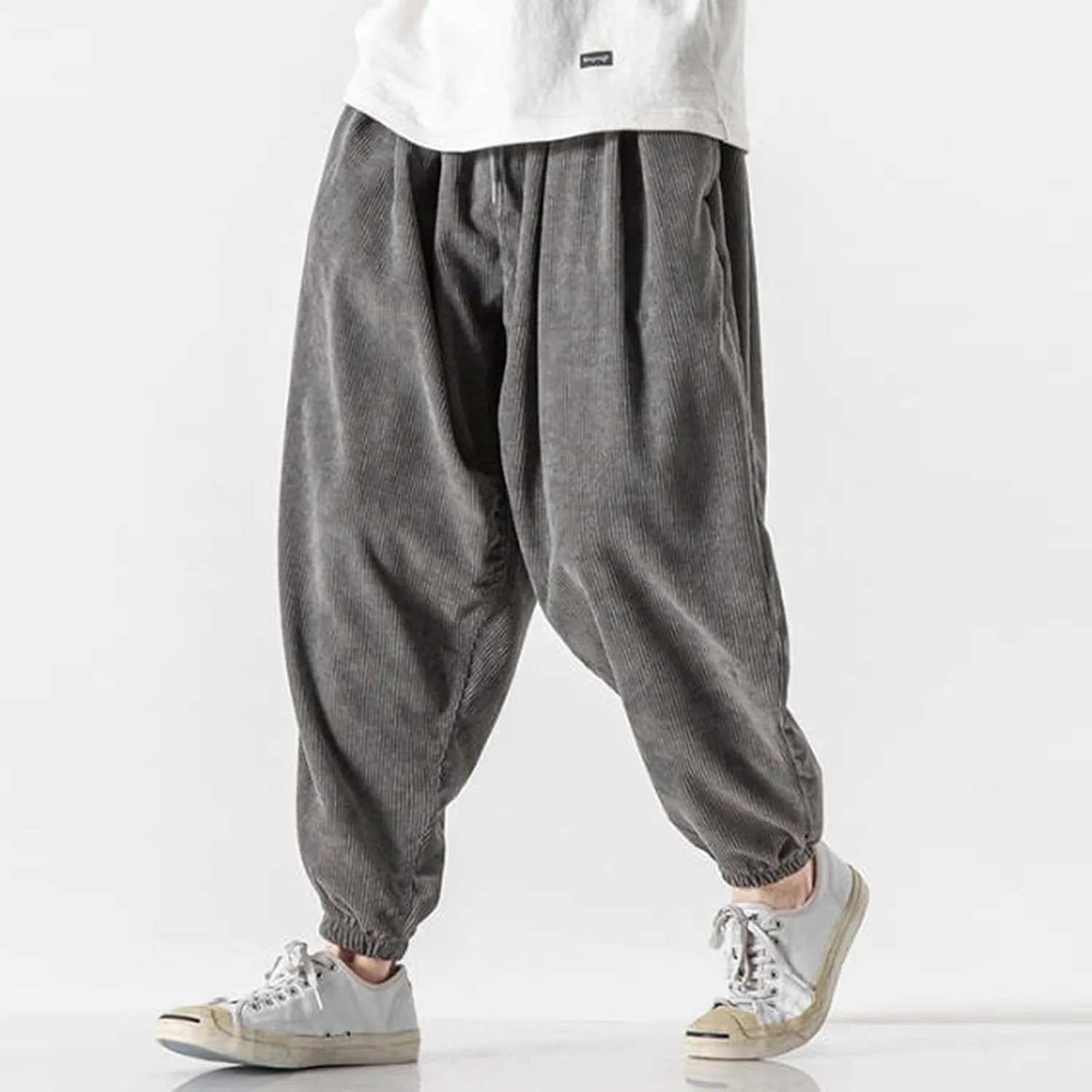 Mens Corduroy Harem Pants Baggy Autumn and Winter Casual Pants Plus Size Loose Fit Retro Tapered Hip Hop Pants with Pockets