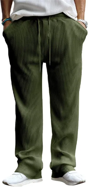 Men's Corduroy Pants Solid Color Straight Leg Sweatpants Drawstring Elastic Waist for Travel Sports Casual Wear