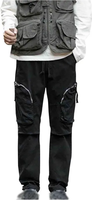 Men's Cotton Drawstring Cargo Pants with Zipper Pockets Elastic Breathable Comfort Soft Fashion Loose Fit Trousers