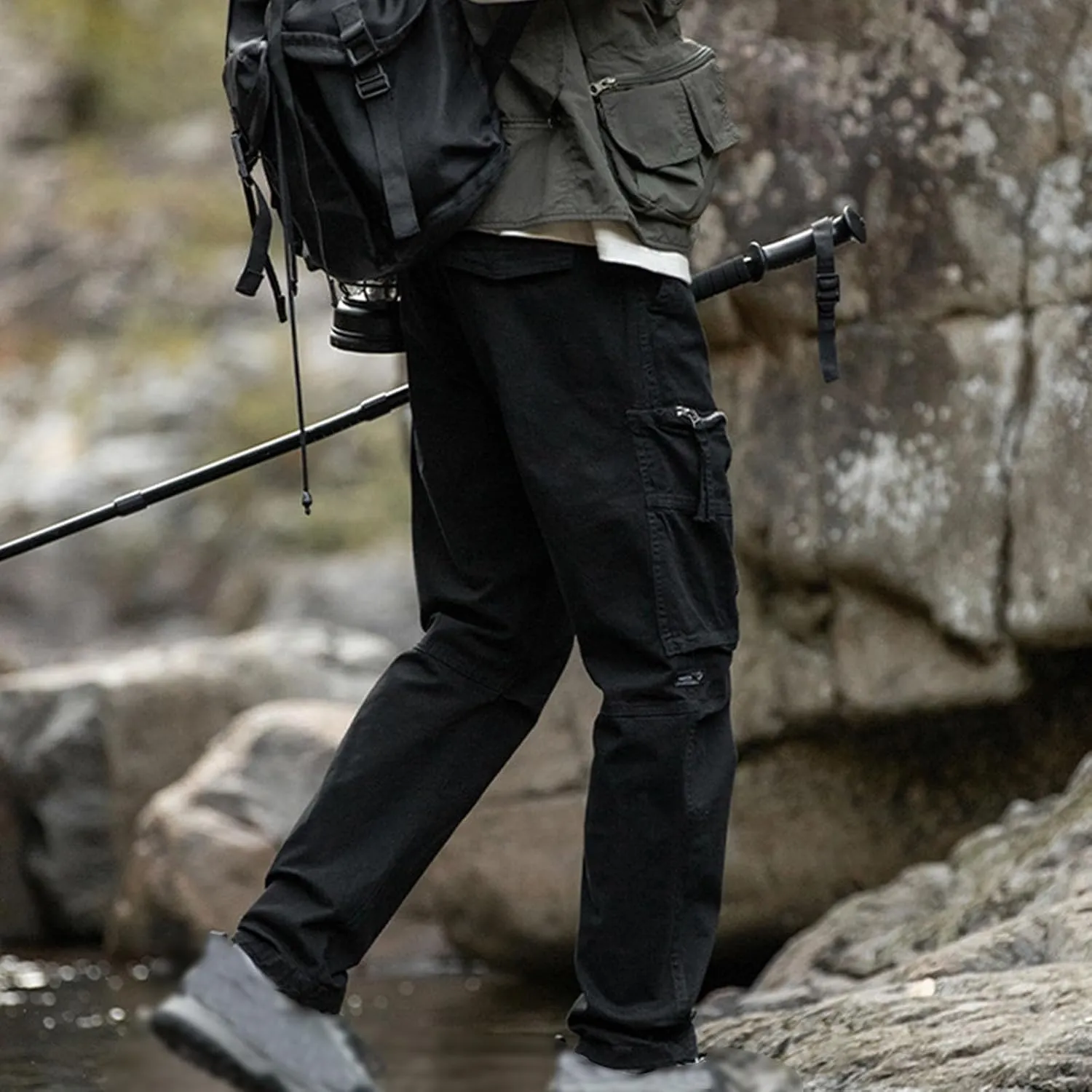 Men's Cotton Drawstring Cargo Pants with Zipper Pockets Elastic Breathable Comfort Soft Fashion Loose Fit Trousers