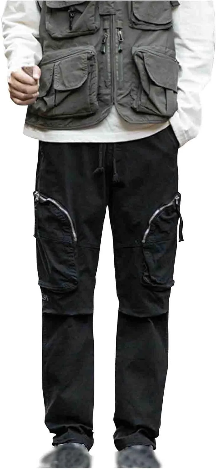 Men's Cotton Drawstring Cargo Pants with Zipper Pockets Elastic Breathable Comfort Soft Fashion Loose Fit Trousers