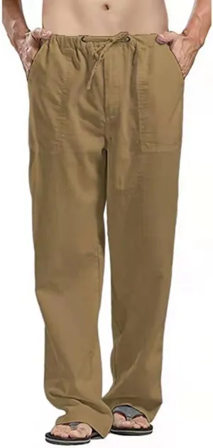 Men's Cotton Linen Breathable Cropped Sweatpants Lightweight Yoga Pants Chino Trousers with Elastic Waist and Drawstrings