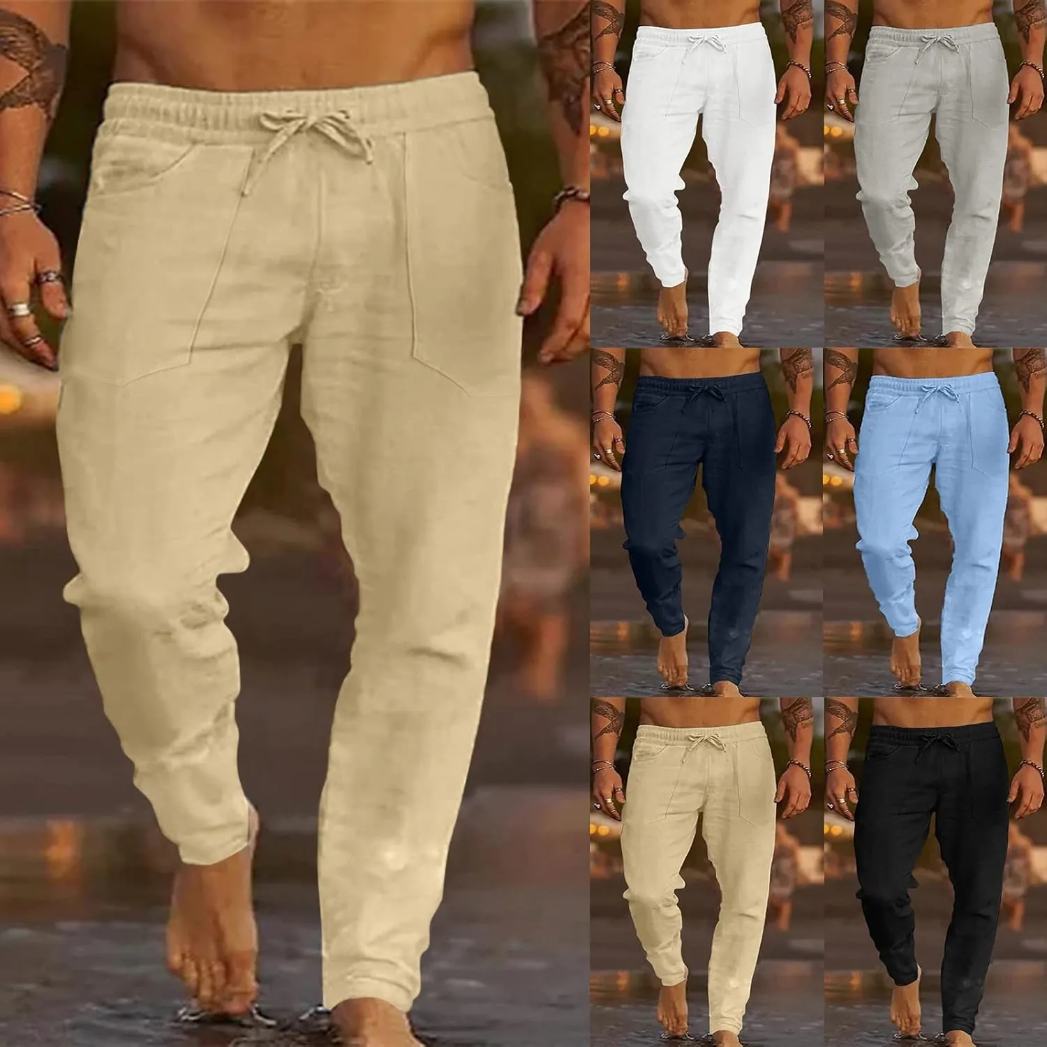 Men's Cotton Linen Loose Pants Casual Drawstring Elastic Waist Beach Trousers Solid Color Fashion Summer Trousers
