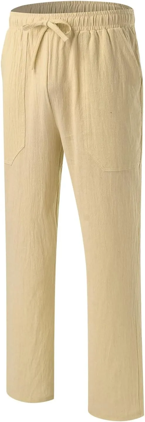 Men's Cotton Linen Loose Pants Casual Drawstring Elastic Waist Beach Trousers Solid Color Fashion Summer Trousers