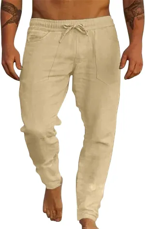 Men's Cotton Linen Loose Pants Casual Drawstring Elastic Waist Beach Trousers Solid Color Fashion Summer Trousers