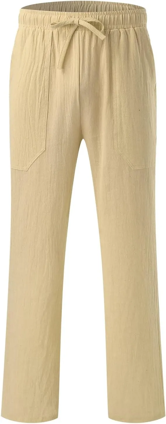 Men's Cotton Linen Loose Pants Casual Drawstring Elastic Waist Beach Trousers Solid Color Fashion Summer Trousers