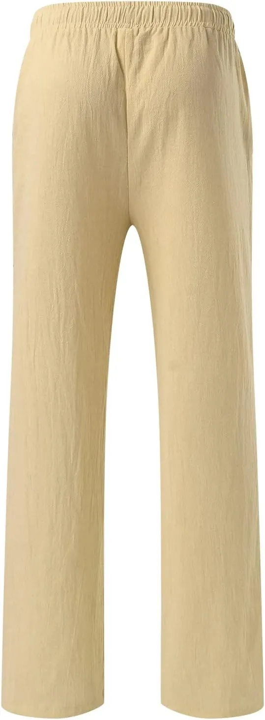 Men's Cotton Linen Loose Pants Casual Drawstring Elastic Waist Beach Trousers Solid Color Fashion Summer Trousers