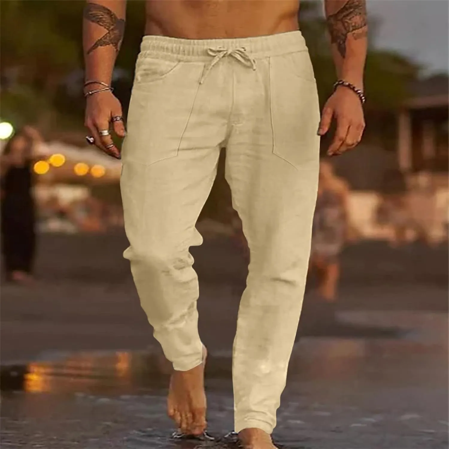 Men's Cotton Linen Loose Pants Casual Drawstring Elastic Waist Beach Trousers Solid Color Fashion Summer Trousers