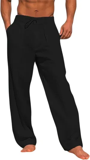 Men's Cotton Linen Pants Elastic Waist Loose Fit Drawstring Pants Lightweight Athletic Joggers for Everyday