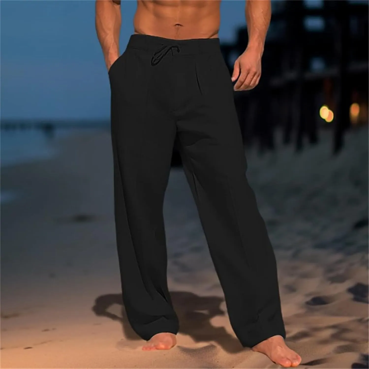 Men's Cotton Linen Pants Elastic Waist Loose Fit Drawstring Pants Lightweight Athletic Joggers for Everyday