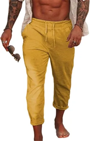 Men's Cotton Linen Pants Lightweight Black Dress Pants Cargo Pants Casual Yoga Trousers with Drawstrings