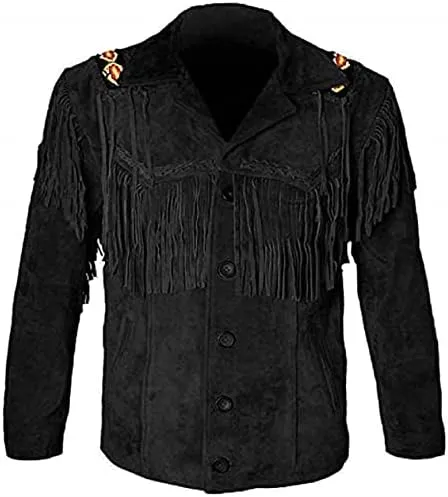 Mens Cowboy Buckskin Suede Leather Jacket Western Fringe Native Beaded And Fringes Coat