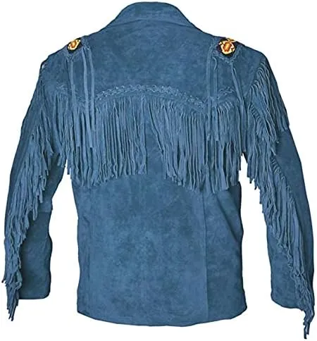Mens Cowboy Buckskin Suede Leather Jacket Western Fringe Native Beaded And Fringes Coat