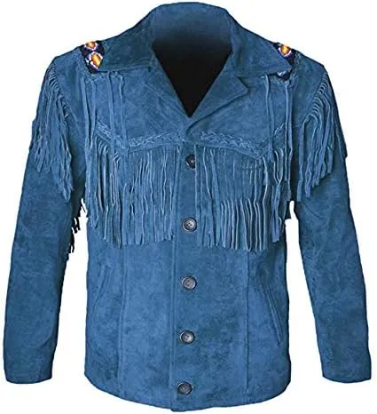 Mens Cowboy Buckskin Suede Leather Jacket Western Fringe Native Beaded And Fringes Coat