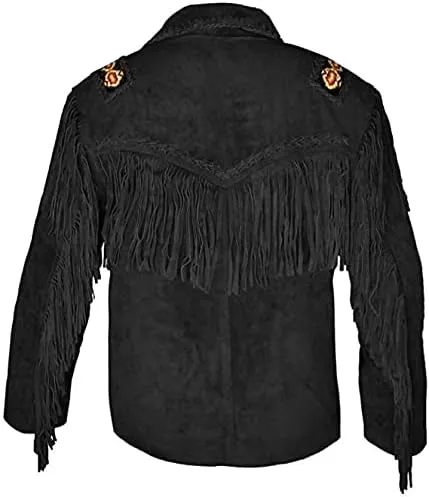 Mens Cowboy Buckskin Suede Leather Jacket Western Fringe Native Beaded And Fringes Coat
