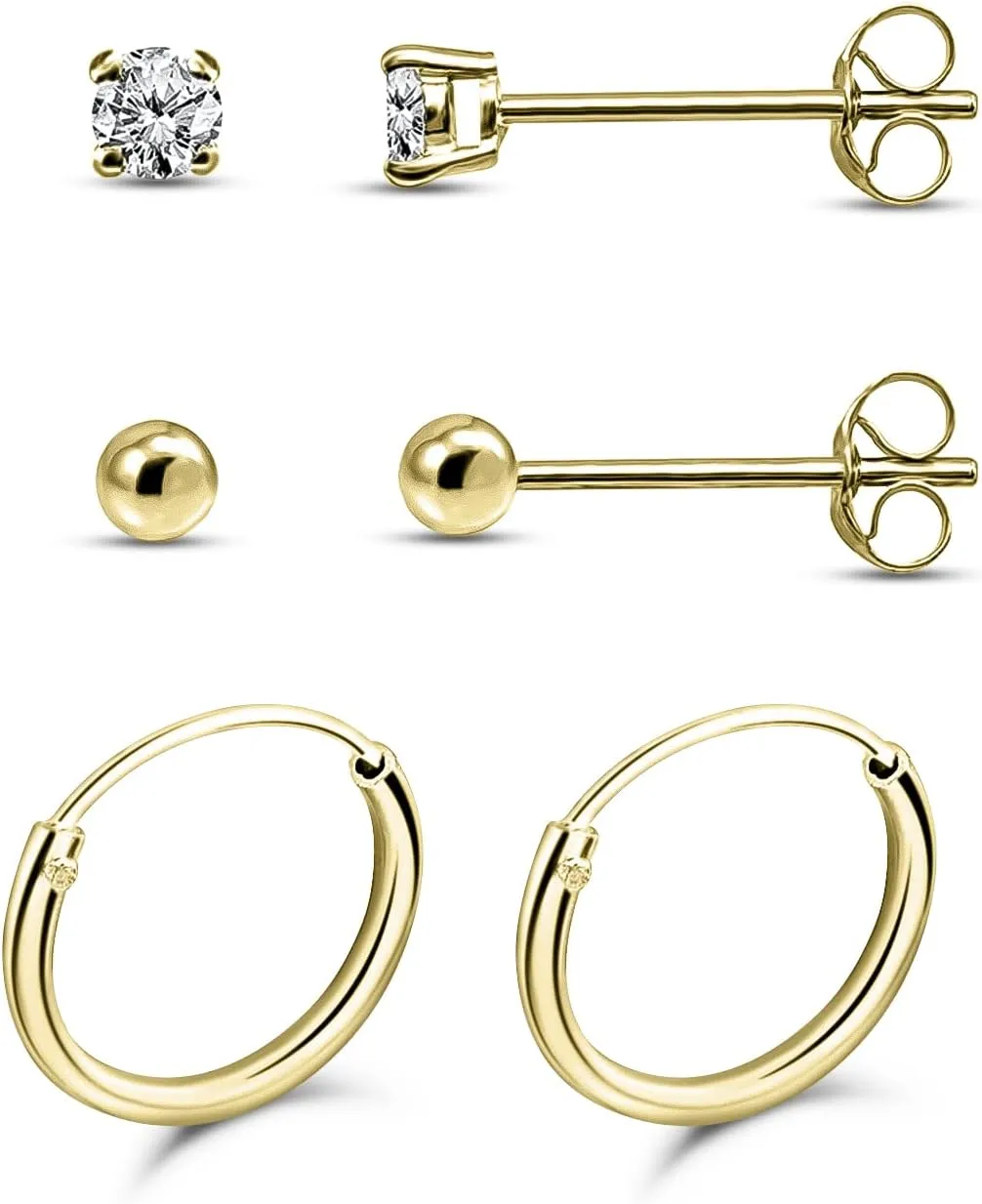 Mens Earrings Stud Hoop Cartilage Earrings for Women Sterling Silver 10mm Endless Hoops 2mm Tiny CZ Cubic Zirconia and Ball Bead Piercing Studs Multipack Set of 3