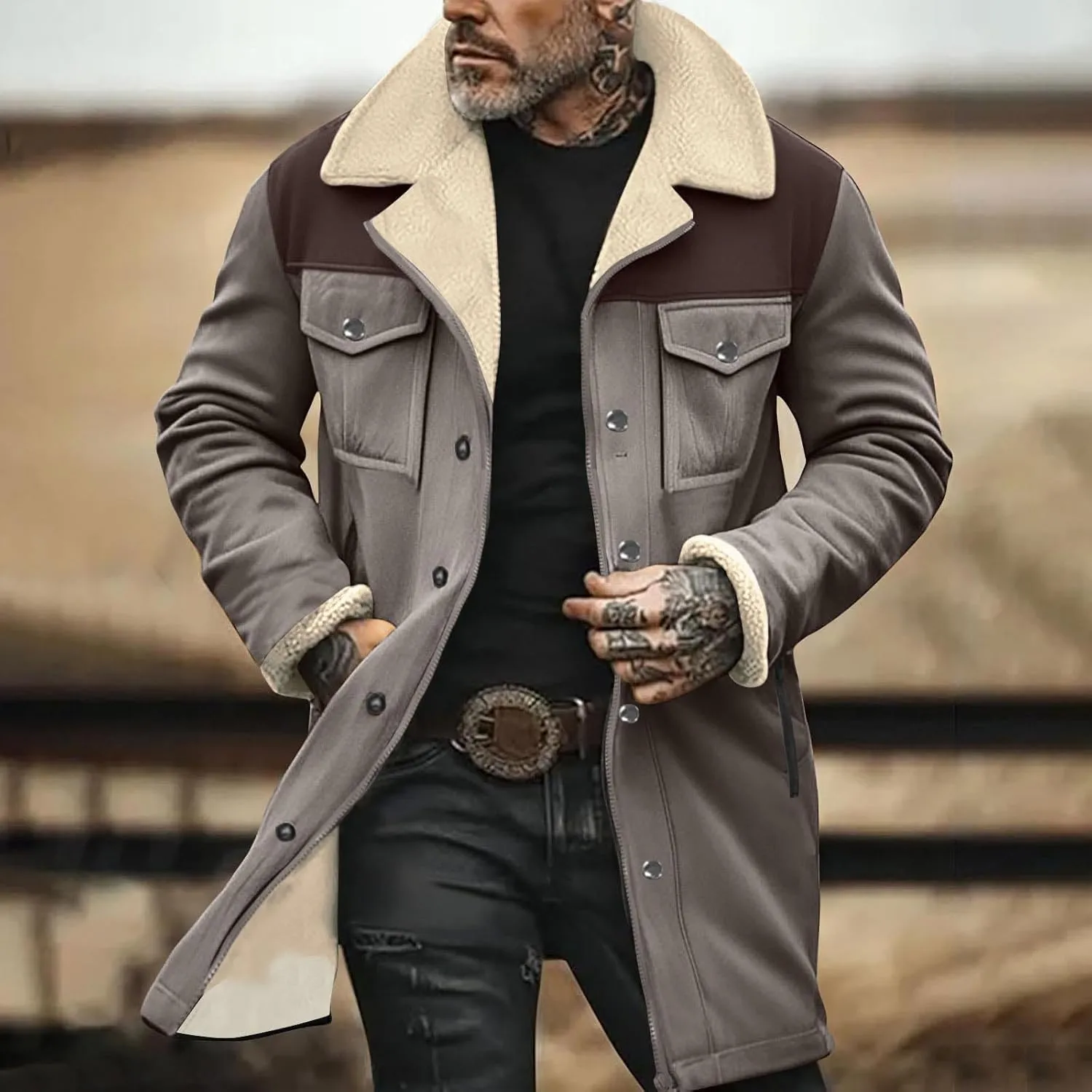Mens Faux Suede Leather Jackets Sherpa Fleece Lined Trucker Jacket Notch Lapel Button Down Winter Sport Coat