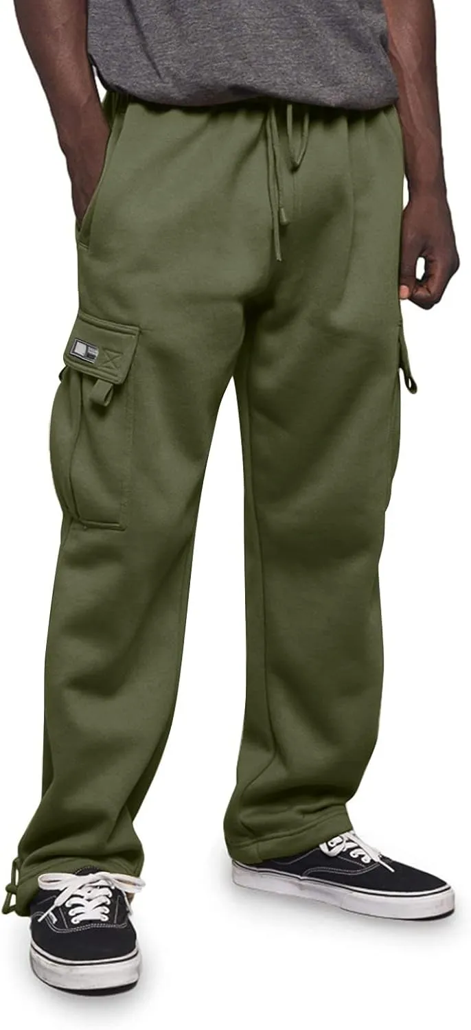 Men's Heavyweight Fleece Cargo Sweatpants Drawstring Elastic Waist Open Bottom Athletic Joggers Pants for Men with Pockets