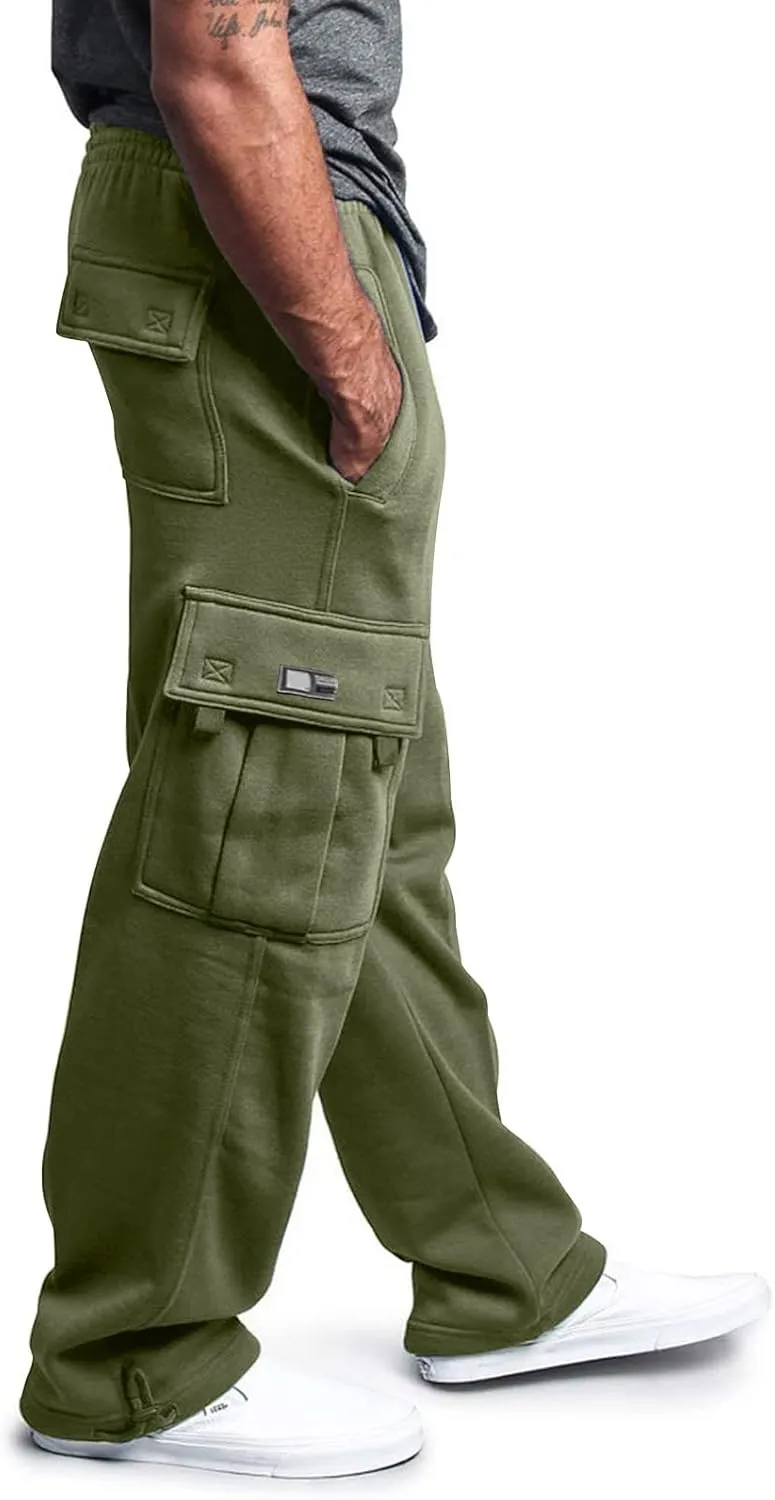 Men's Heavyweight Fleece Cargo Sweatpants Drawstring Elastic Waist Open Bottom Athletic Joggers Pants for Men with Pockets