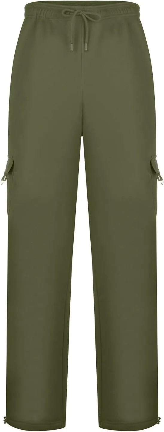 Men's Heavyweight Fleece Cargo Sweatpants Drawstring Elastic Waist Open Bottom Athletic Joggers Pants for Men with Pockets