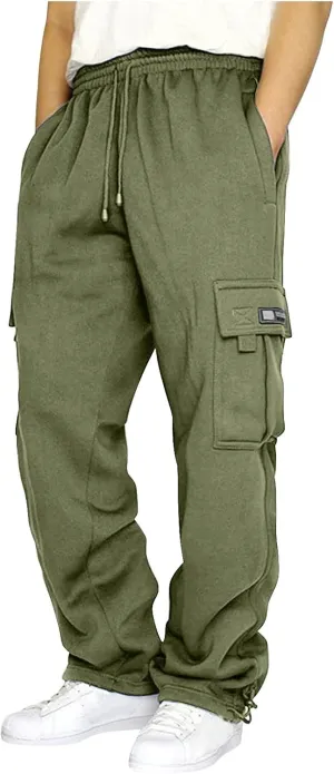 Men's Heavyweight Fleece Cargo Sweatpants Drawstring Elastic Waist Open Bottom Athletic Joggers Pants for Men with Pockets