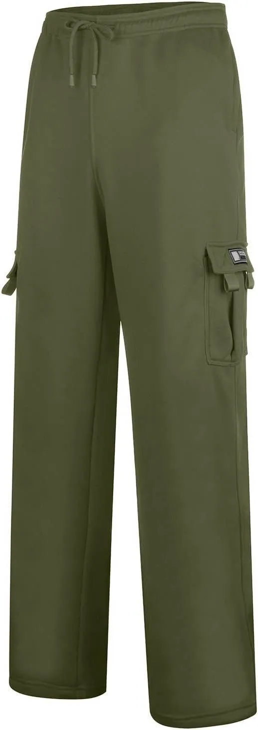Men's Heavyweight Fleece Cargo Sweatpants Drawstring Elastic Waist Open Bottom Athletic Joggers Pants for Men with Pockets