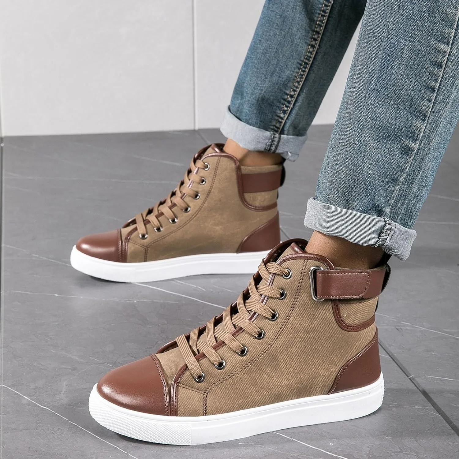 Men's High Top Board Shoes Leather Non Slip Walking Shoes Casual Lace Up Arch Support Shoes Hiking Mens 990v5 Sneaker