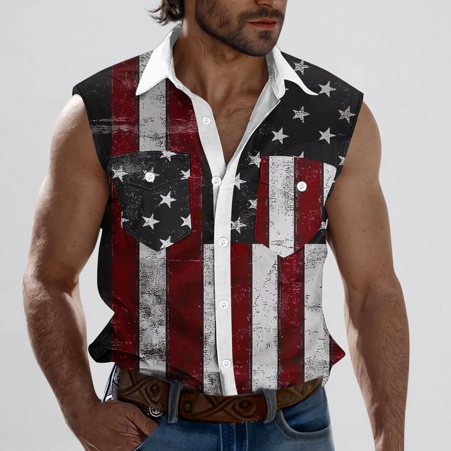 Men's Independence Day Tank Tops Summer Fashion American Flag Print Lapel Button Down Sleeveless Shirts