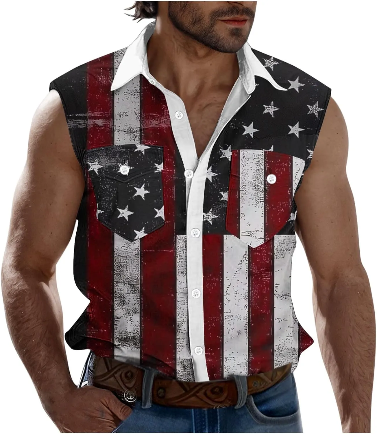 Men's Independence Day Tank Tops Summer Fashion American Flag Print Lapel Button Down Sleeveless Shirts