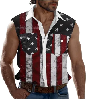 Men's Independence Day Tank Tops Summer Fashion American Flag Print Lapel Button Down Sleeveless Shirts