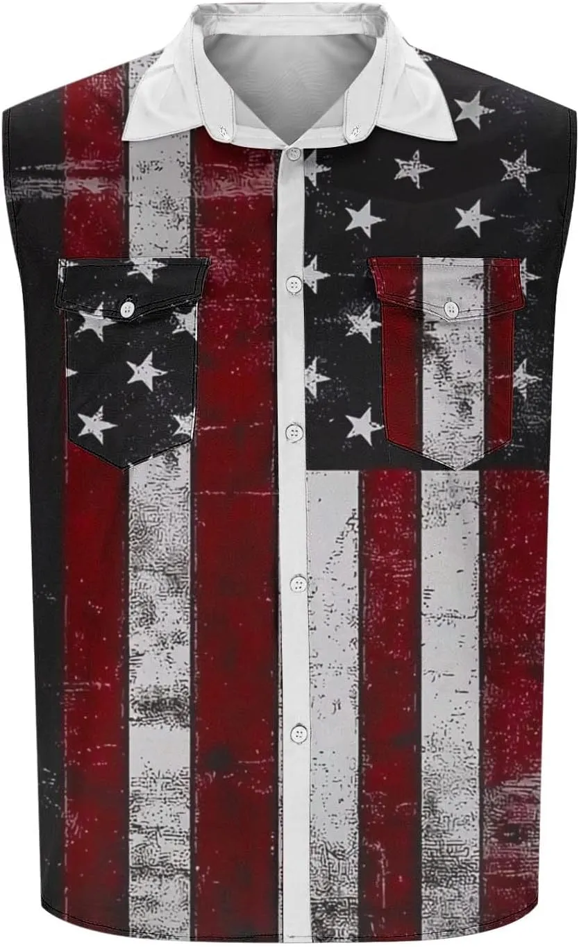 Men's Independence Day Tank Tops Summer Fashion American Flag Print Lapel Button Down Sleeveless Shirts