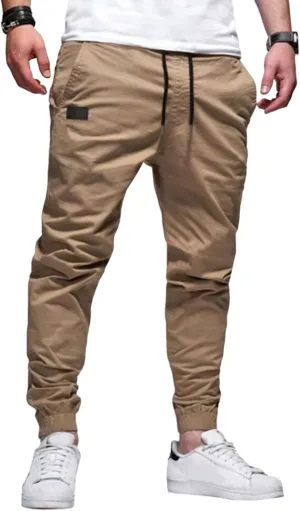 Men's Joggers Pants Cotton Drawstring Chino Cargo Casual Trousers with Elastic Waist Durable Twill for Hiking Outdoor