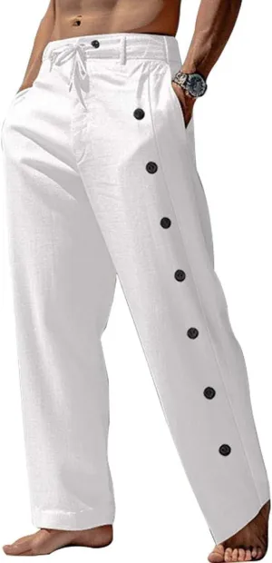 Men's Lightweight Pants Casual Drawstring Elastic Waist Loose Fit Beach Yoga Trousers with Button for Everyday Wear