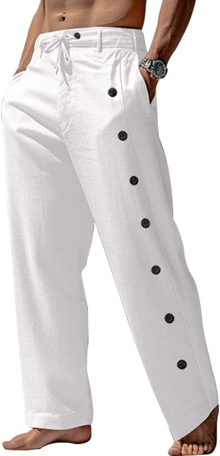 Men's Lightweight Pants Casual Drawstring Elastic Waist Loose Fit Beach Yoga Trousers with Button for Everyday Wear