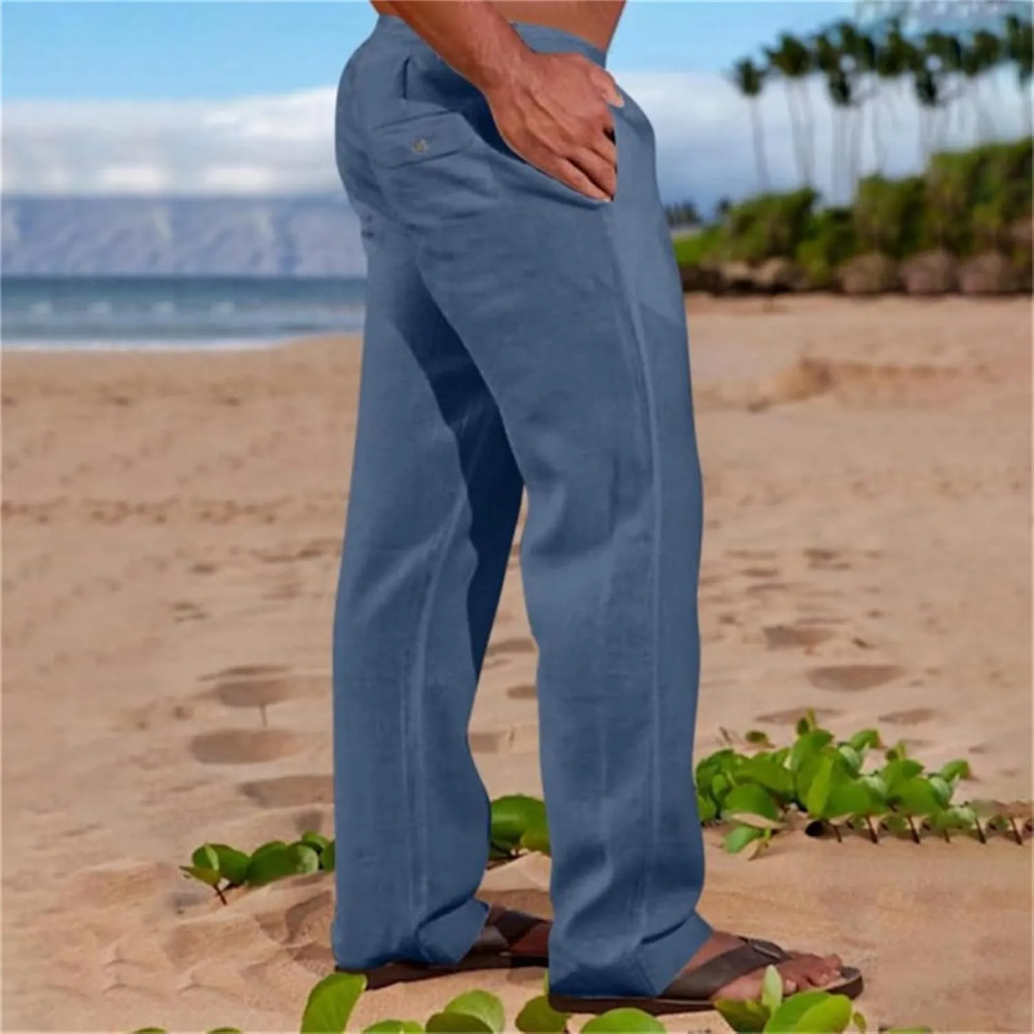 Men's Linen Pants Elastic Waist Drawstring Loose Fit for Beach Yoga Casual Plus Size Comfort Everyday Wear