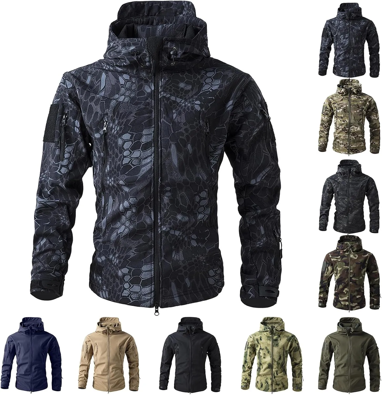 Men's Military Tactical Jackets Camouflage Softshell Fleece Fall Windbreaker Waterproof Outdoor Hooded Rain Coats