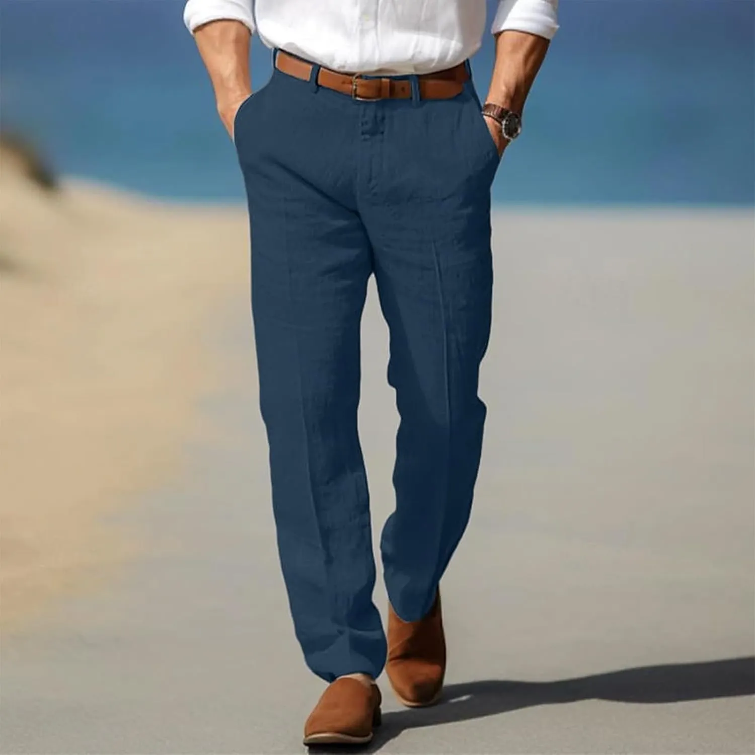 Men's Pants Linen Pants Solid Color Straight Business Summer Casual Comfortable Beach Fashion Slim Fit Dress Pant