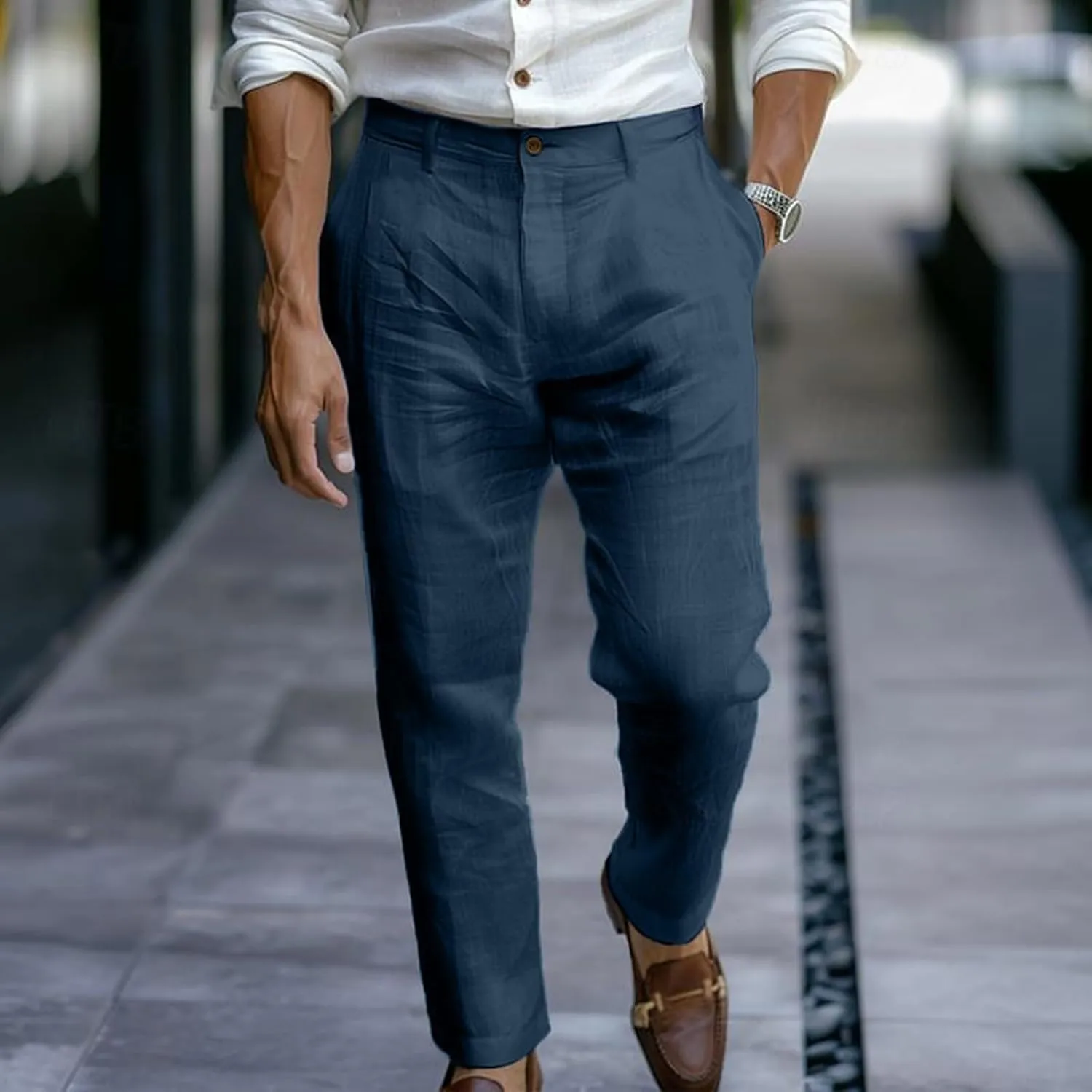 Men's Pants Linen Pants Solid Color Straight Business Summer Casual Comfortable Beach Fashion Slim Fit Dress Pant