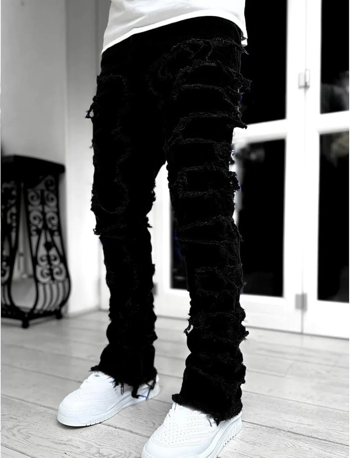 Mens Stacked Jeans Stretch Slim Fit Casual Ripped Destroyed Straight Denim Pants Harajuku Hip Hop Vintage Trousers