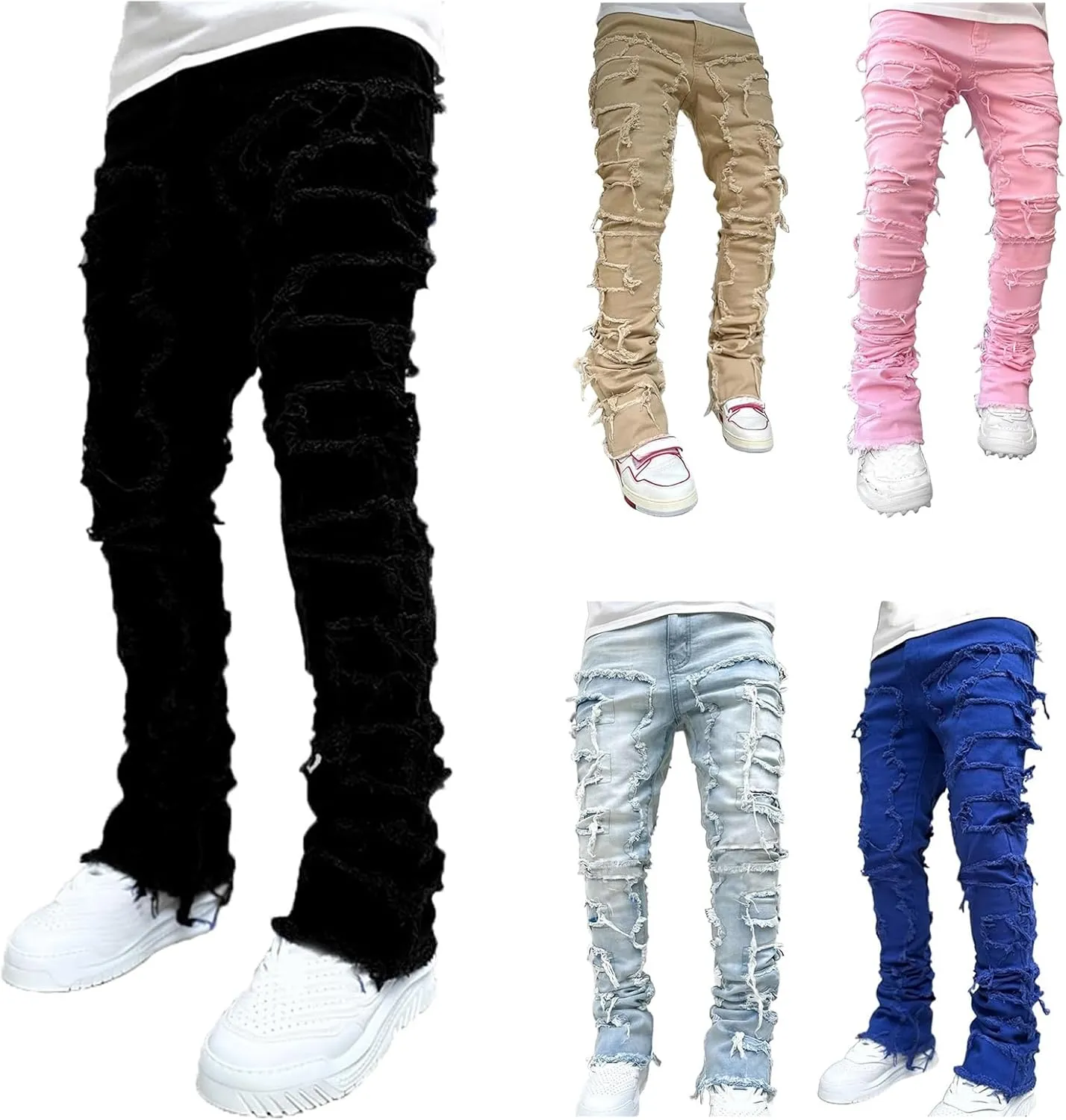 Mens Stacked Jeans Stretch Slim Fit Casual Ripped Destroyed Straight Denim Pants Harajuku Hip Hop Vintage Trousers