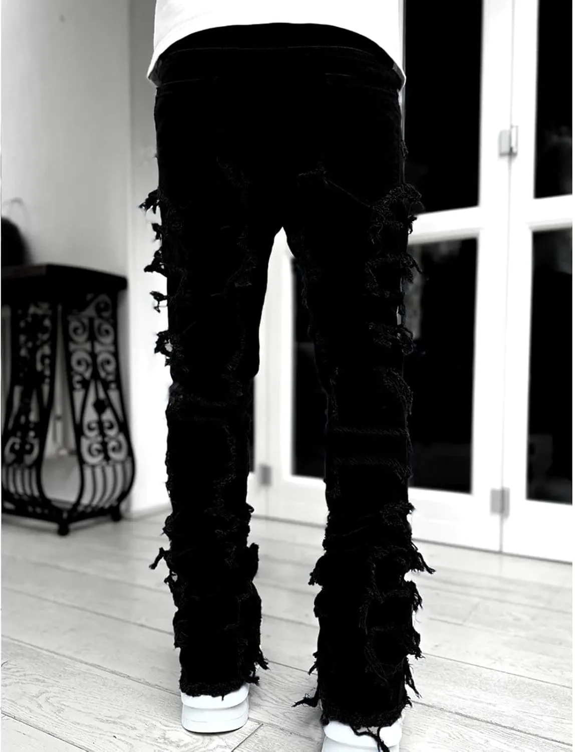 Mens Stacked Jeans Stretch Slim Fit Casual Ripped Destroyed Straight Denim Pants Harajuku Hip Hop Vintage Trousers