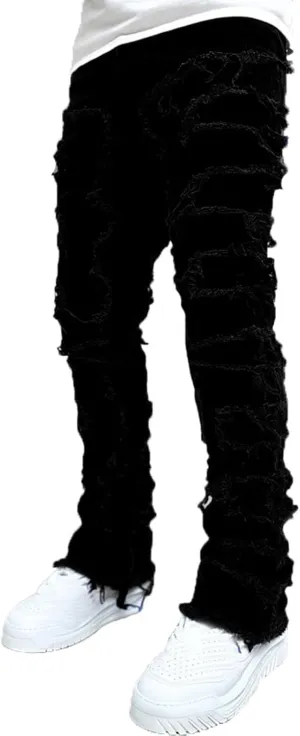 Mens Stacked Jeans Stretch Slim Fit Casual Ripped Destroyed Straight Denim Pants Harajuku Hip Hop Vintage Trousers