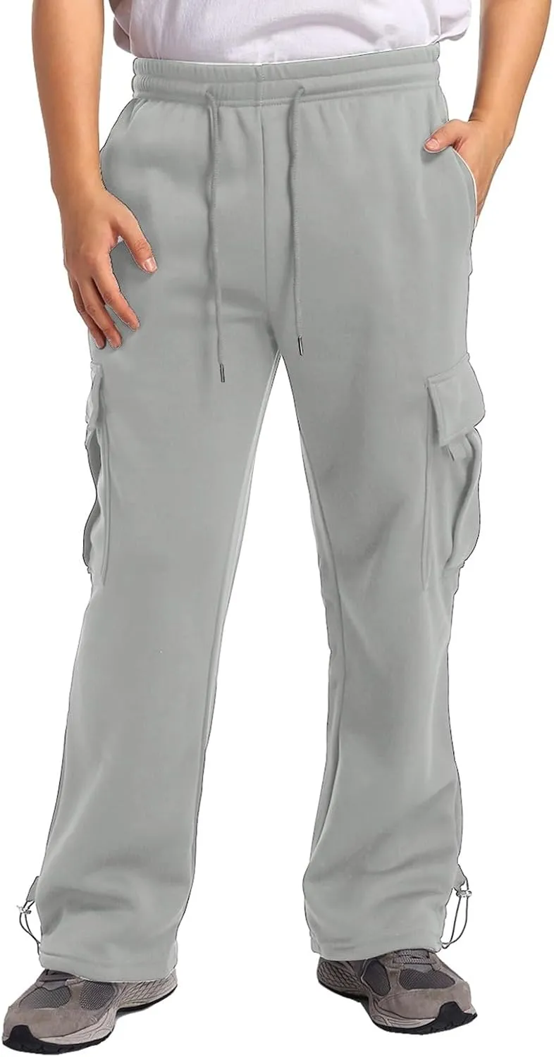 Mens Sweatpants Joggers, Fleece Baggy Sweatpants Cargo Straight Leg Elastic Waist Pants, Casual Drawstring Sweatpants